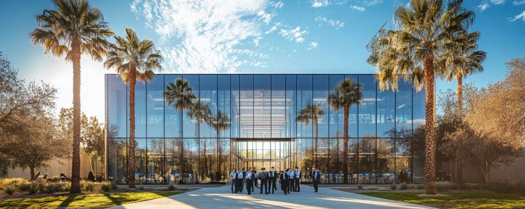 A group of AI engineers walking toward a modern glass building surrounded by palm trees under a clear blue sky in California.