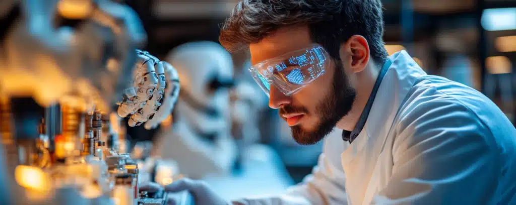 An AI scientist in a lab coat and futuristic goggles works with robotic arms in a laboratory.