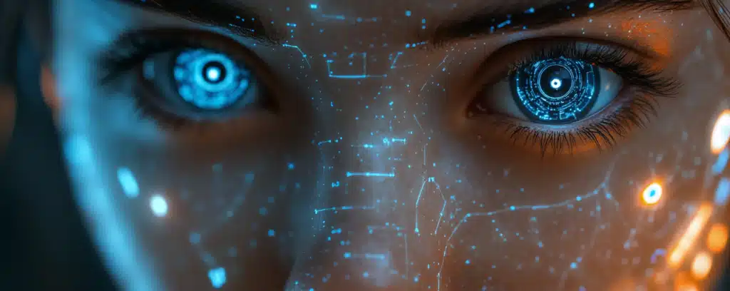 Close-up of eyes with intricate blue digital patterns, resembling futuristic AI technology.