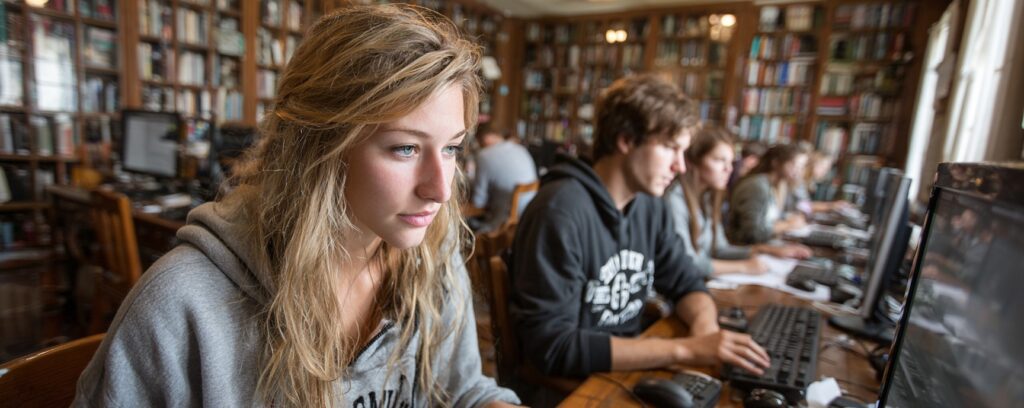 Young woman using a computer in a library, with other students working at computers in the background.
