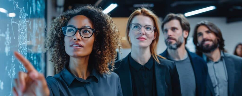 Four professionals look at a digital screen as one woman points, appearing focused and engaged in discussion.