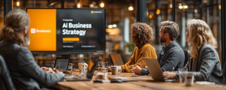 Four people in a modern office watch a screen displaying AI Business Strategy in a meeting setting.