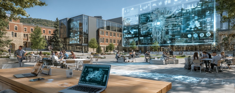 Students study outdoors on a modern campus with digital screens and laptops displaying futuristic graphics.