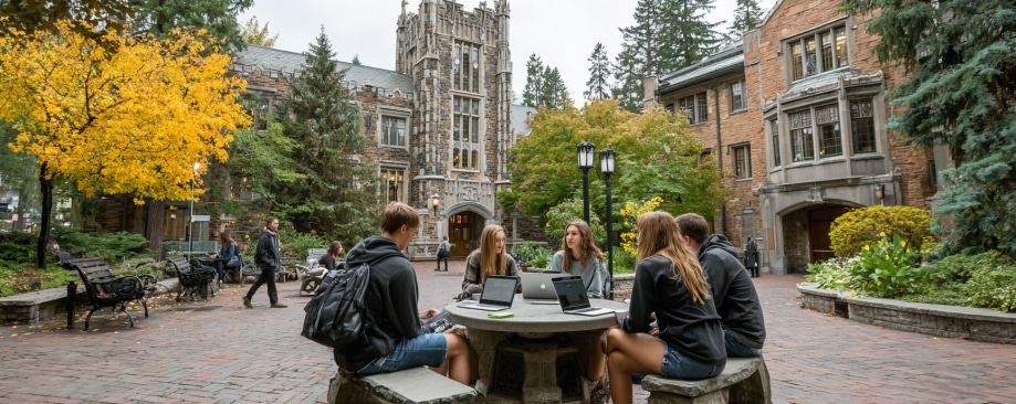 Five students sit around a circular stone table on a leafy college campus with historic brick buildings.