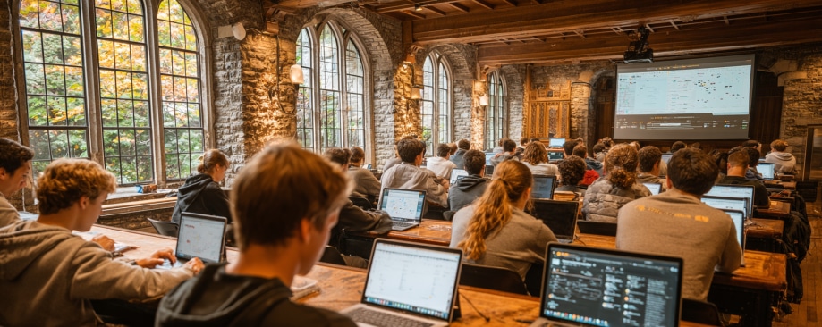Students using laptops in a large, historic classroom with arched windows, facing a screen at the front.