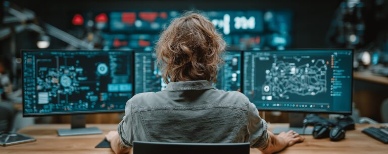 Person with long hair working at a desk with three monitors displaying complex digital data and diagrams.