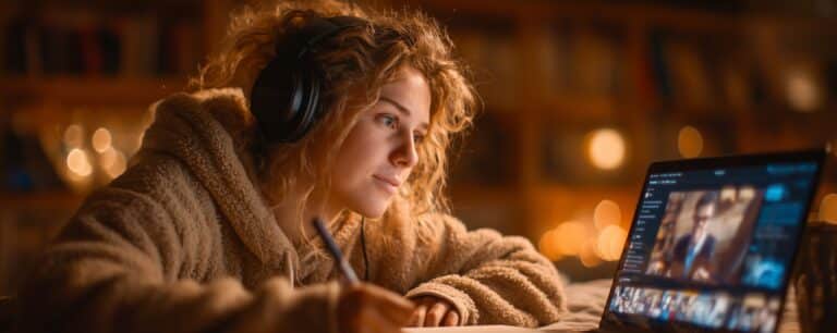 Young woman with headphones studies at a laptop in a cozy, softly lit room with blurred bookshelves behind her.