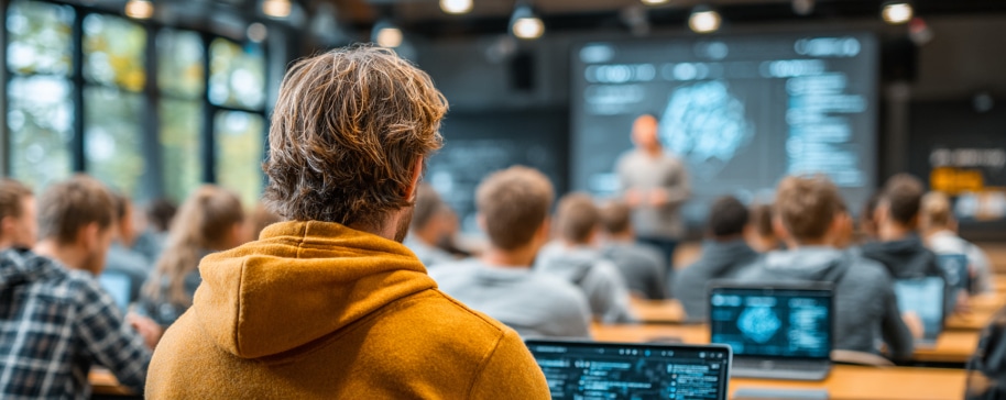 Students with laptops sit in a classroom, listening to a teacher giving a presentation at the front.