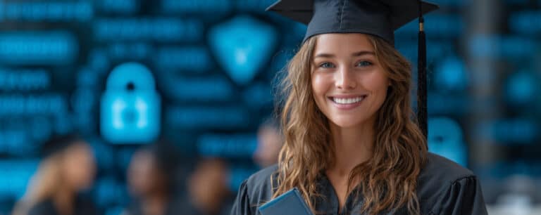 A smiling graduate in a cap and gown holds a diploma, with a blue background and classmates behind her.