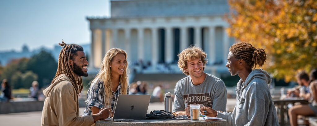 Four young adults sit at an outdoor table with a laptop, laughing, with a monument in the background.