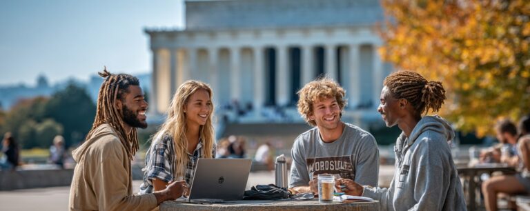 Four young adults sit at an outdoor table with a laptop, laughing, with a monument in the background.