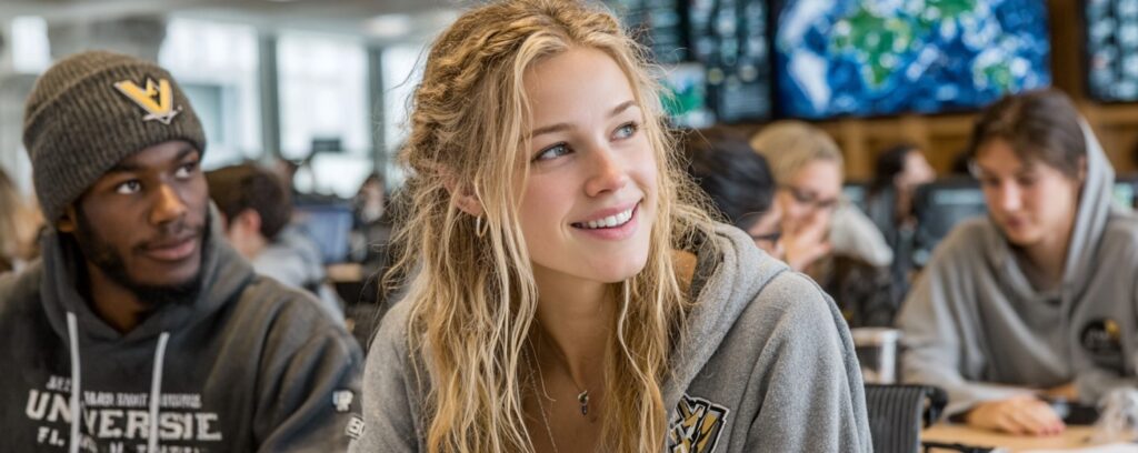 Smiling students in casual clothes sit together in a bright classroom with computers and maps in the background.