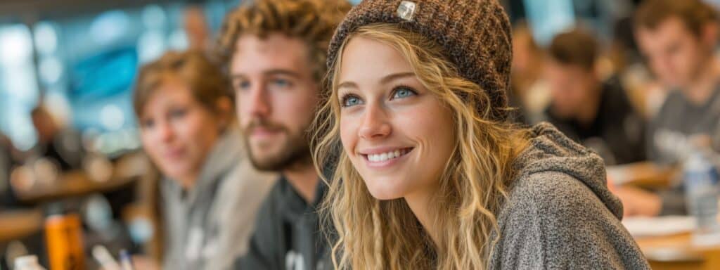 Young woman in a beanie smiling in a classroom with students in the background.
