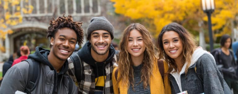 Four smiling college students stand outdoors in autumn, with yellow trees and a building in the background.