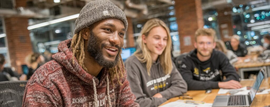 Three young adults smiling and working together at a table with laptops in a modern, brightly lit workspace.