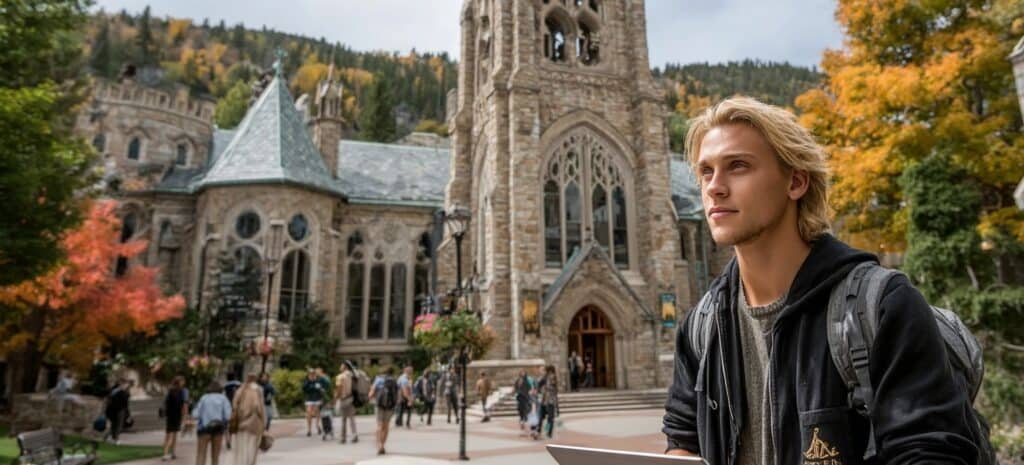 Young man with a laptop stands outside a historic stone university building surrounded by autumn trees.