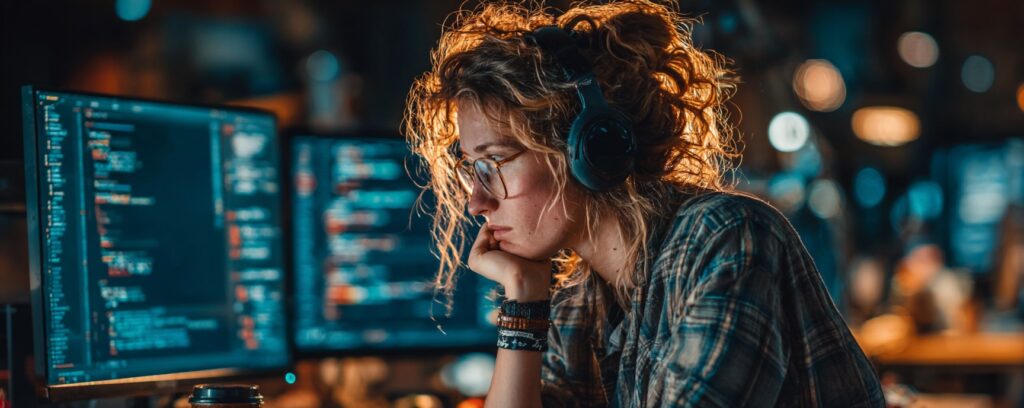 A person wearing headphones focuses on computer screens filled with code in a dimly lit room.