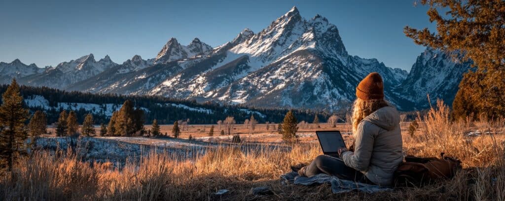 Person in a beanie using a laptop, sitting on grass with snow-capped mountains in the background at sunset.
